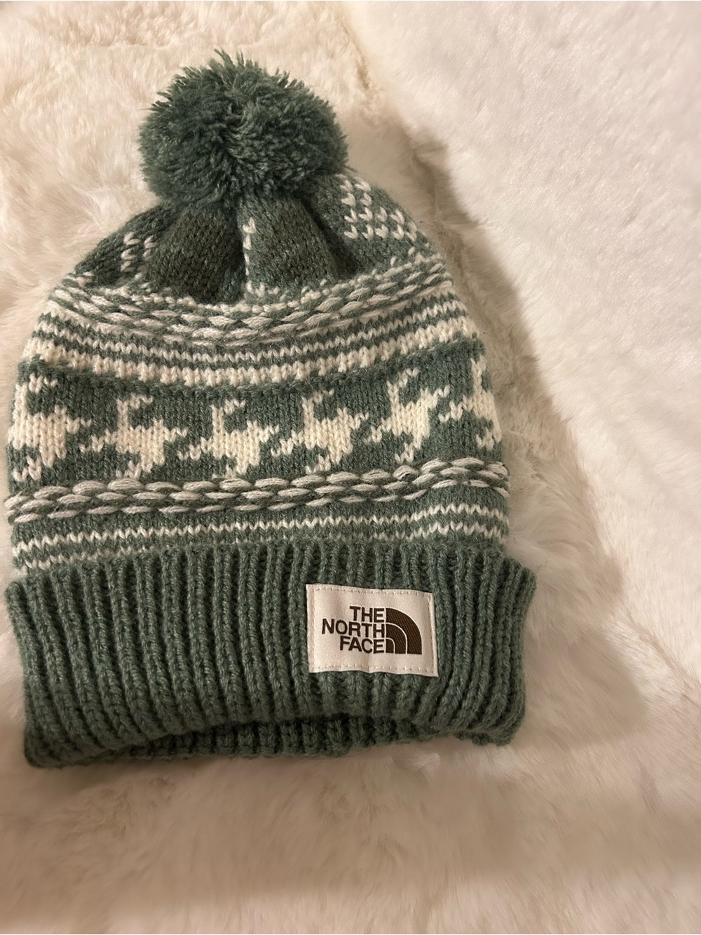 The North Face Fair Isle Pom Beanie in sage green